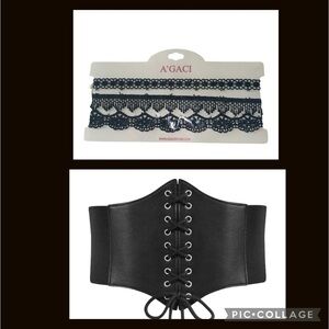 NWT-A’GACI BLACK LACE CHOKERS & BALTEUS BLACK CORSET BELT